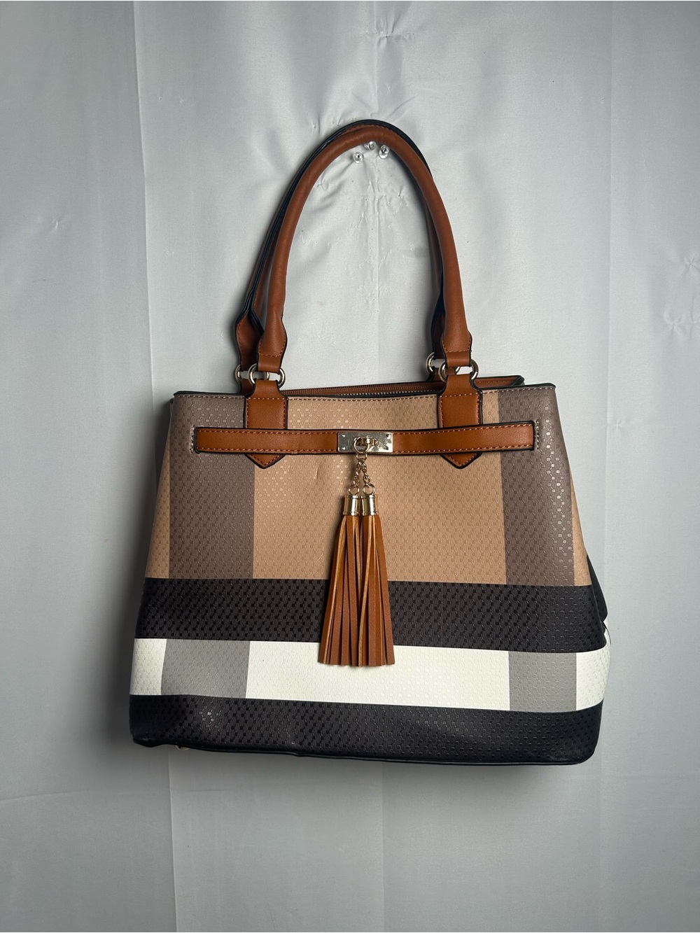Structured Colorblock Satchel in Brown, Black and Cream with Tassel